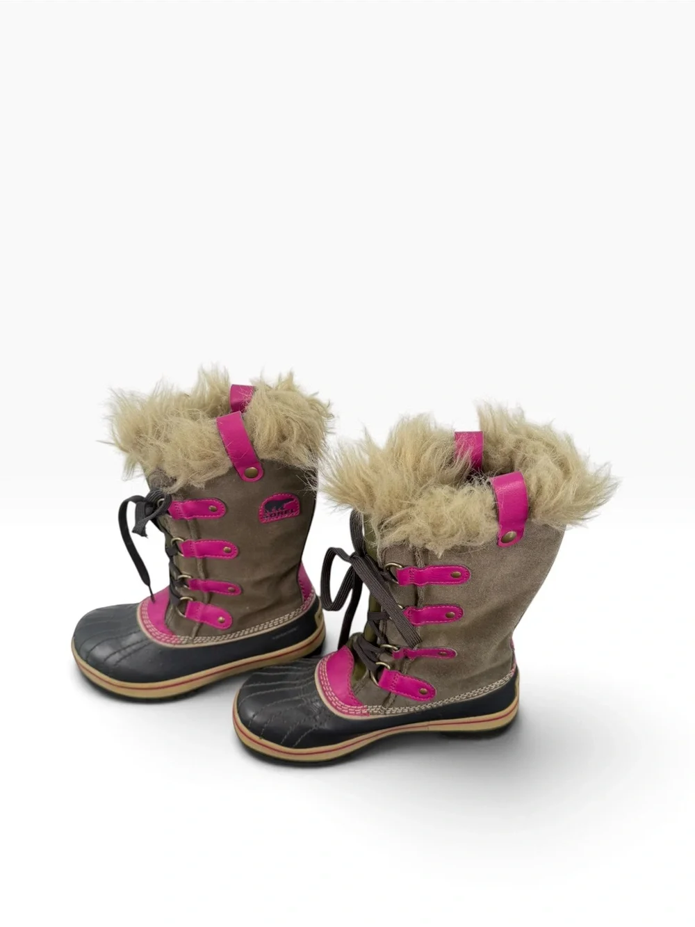 Sorel Joan of Arctic Kids Brown and Pink Faux-Fur Lace-Up Boots